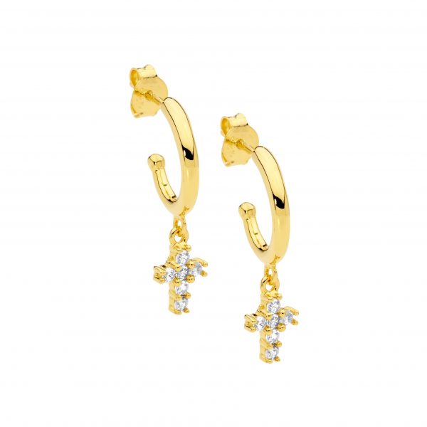 Ellani Yellow Gold Cross Earrings